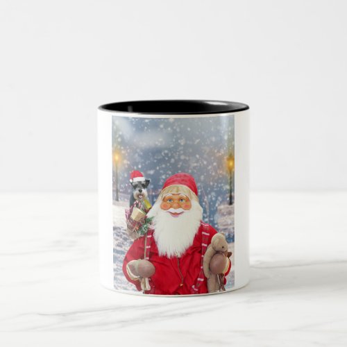 Santa Claus w Christmas Miniature Schnauzer Dog Two_Tone Coffee Mug