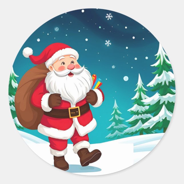Santa Claus Walking Joyfully in a Snowy Winter Classic Round Sticker (Front)