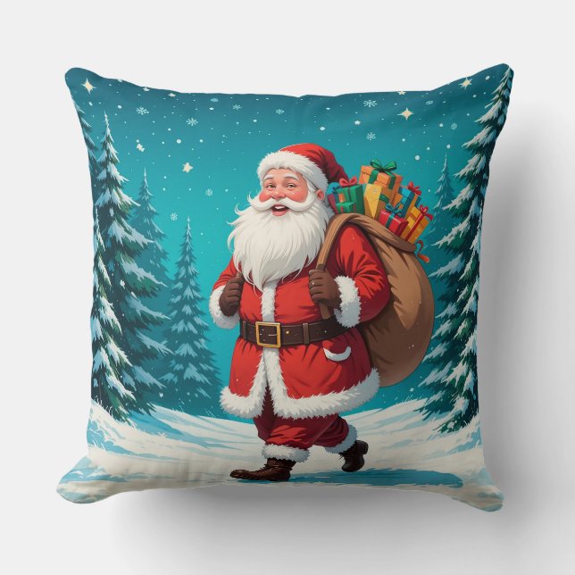 Santa Claus Walking Joyfully in a Snowy Winter Throw Pillow (Front)