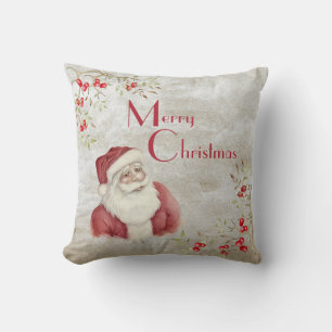 Santa Claus Watercolor Winter Berries Vintage Red Throw Pillow