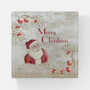 Santa Claus Watercolor Winter Red Berries Vintage Paperweight