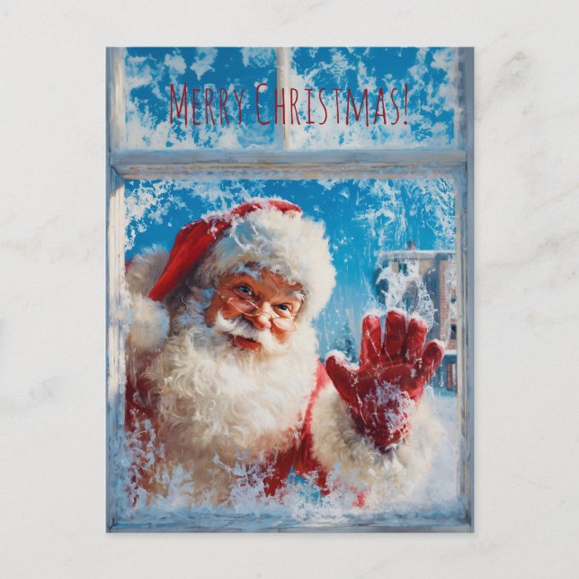 Santa Claus waving cheerfully from a snowy window Postcard (Front)