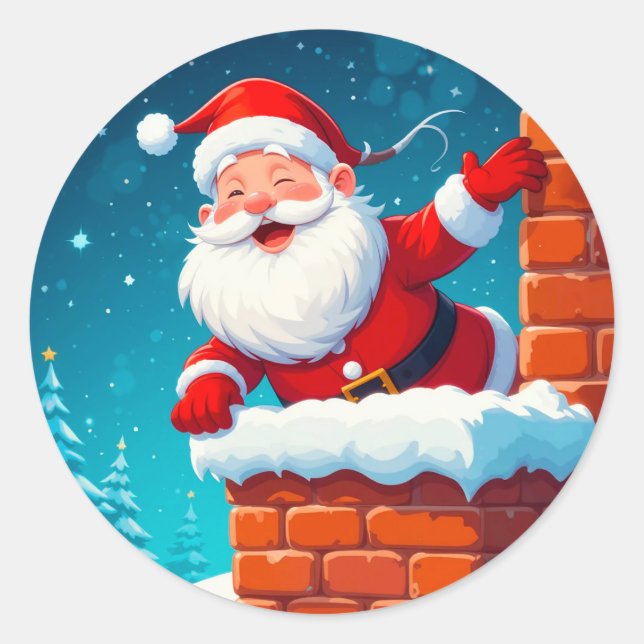 Santa Claus Waving Joyfully in Chimney Classic Round Sticker (Front)