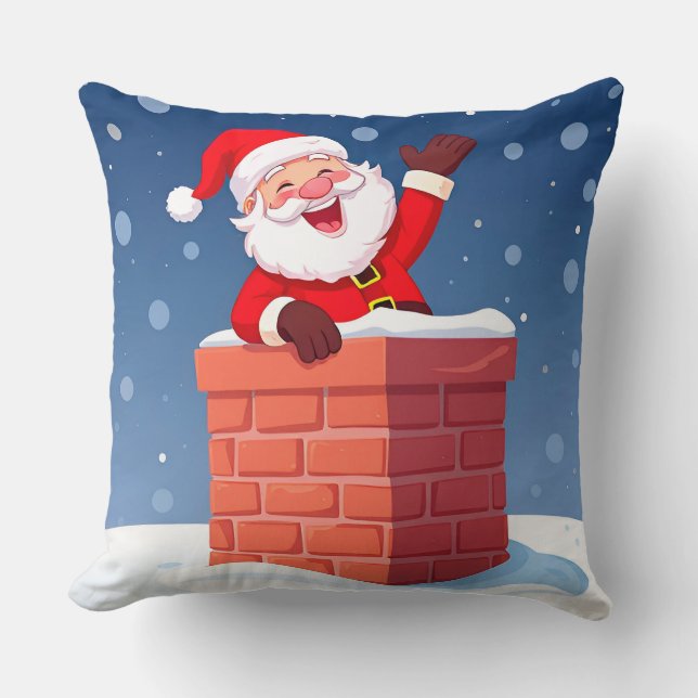 Santa Claus Waving Joyfully in Chimney Throw Pillow (Front)