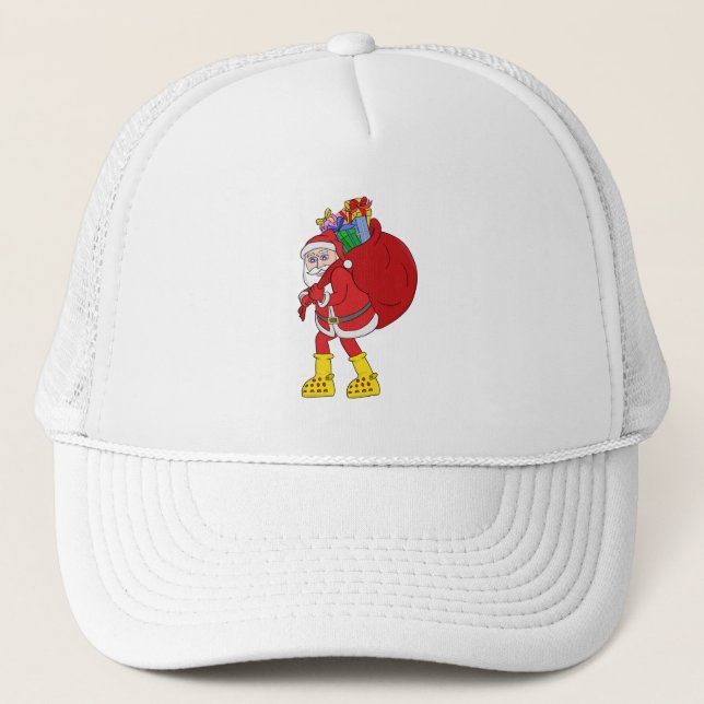 Santa Claus Wearing Big Yellow Boots Trucker Hat (Front)