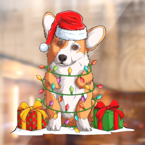 Santa Claus Welsh Corgi Wrapped In Christmas Light Window Cling