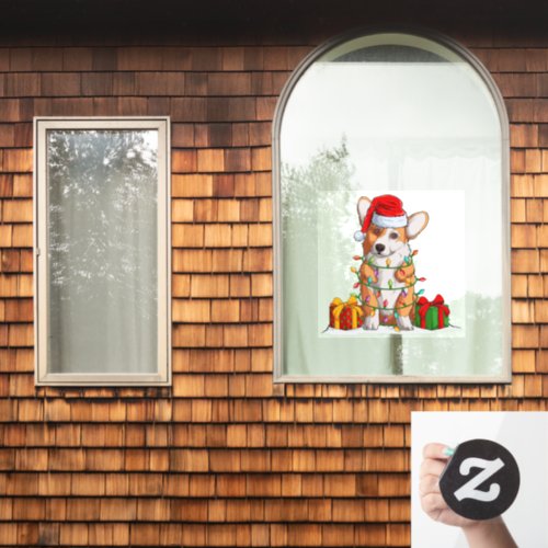 Santa Claus Welsh Corgi Wrapped In Christmas Light Window Cling