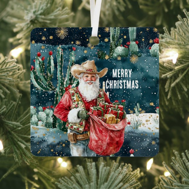 Santa Claus Western Cowboy Christmas Metal Ornament (Insitu)