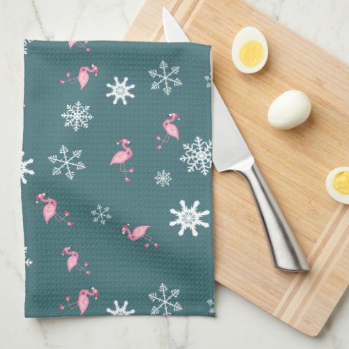 Santa Claus Winter Flamingoes  Snowflakes Kitchen Towel