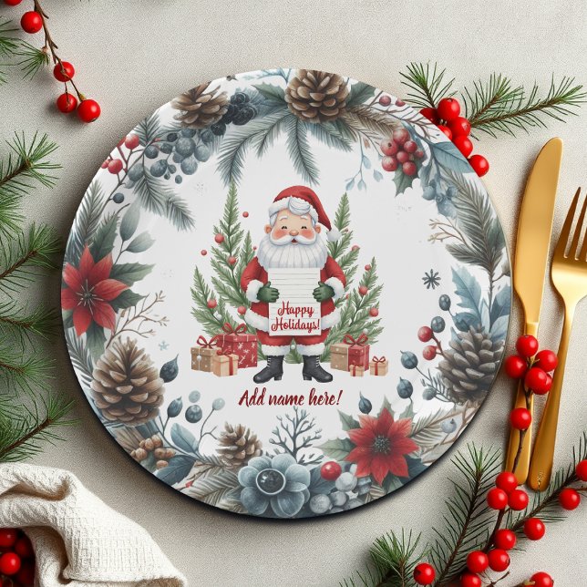 Santa Claus Winter Wreath Happy Holidays Paper Plates (Creator Uploaded)