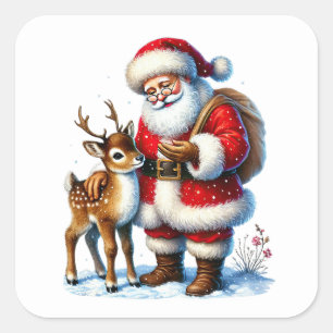 Santa Claus With a Friendly Deer in Winter Snow Square Sticker