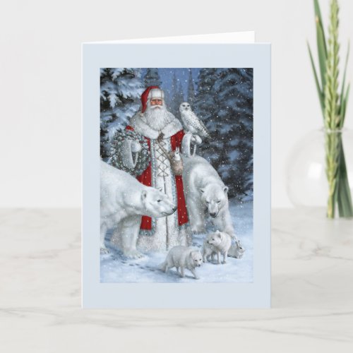 Santa Claus With An Owl And Polar Bears Holiday Card