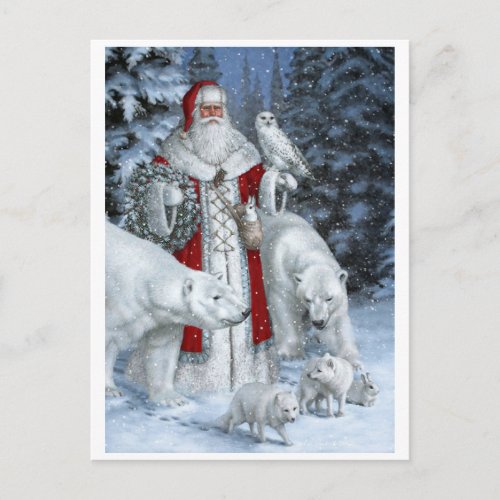 Santa Claus With An Owl And Polar Bears Holiday Postcard