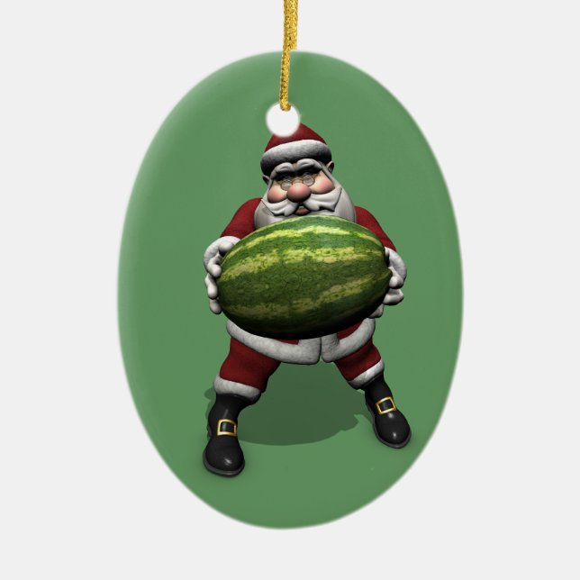 Santa Claus With Big Watermelon Ceramic Ornament (Front)