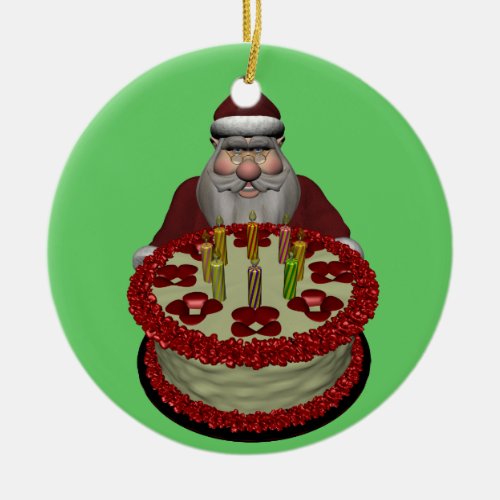 Santa Claus With Birthday Cake Ceramic Ornament