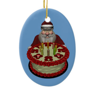 Santa Claus With Birthday Cake Ceramic Ornament
