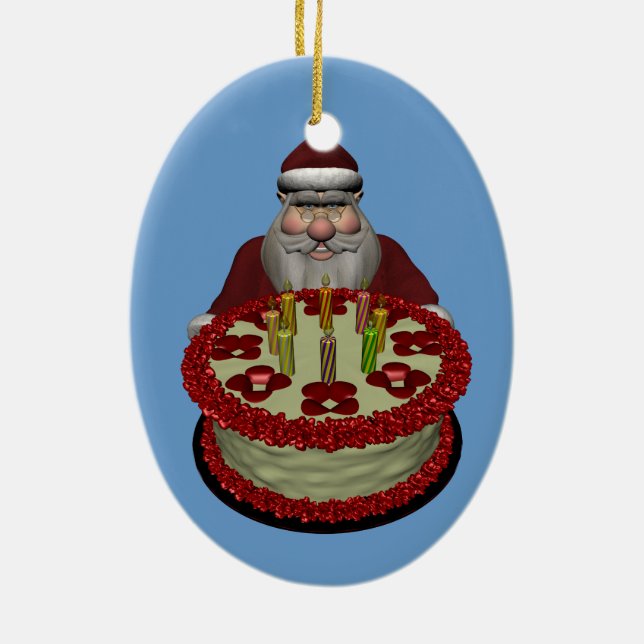 Santa Claus With Birthday Cake Ceramic Ornament (Back)