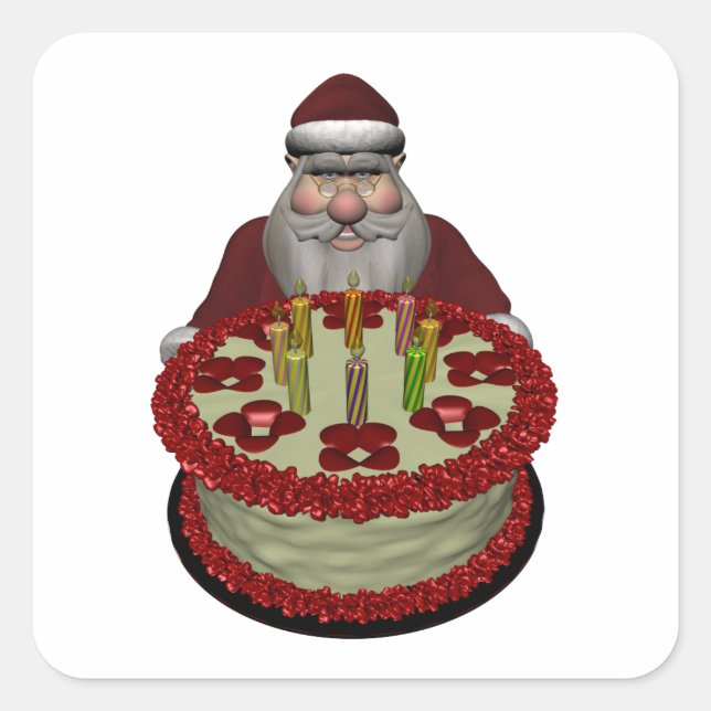 Santa Claus With Birthday Cake Square Sticker (Front)