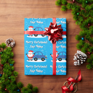 Santa Claus with blue car cartoon kid's Christmas Wrapping Paper