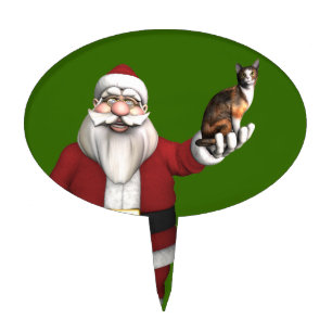 Santa Claus With Calico Cat Cake Topper
