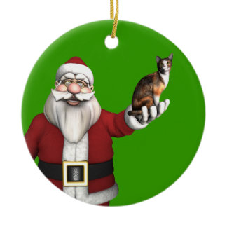 Santa Claus With Calico Cat Ceramic Ornament