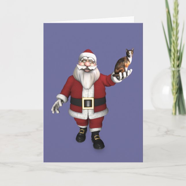 Santa Claus With Calico Cat Holiday Card (Front)