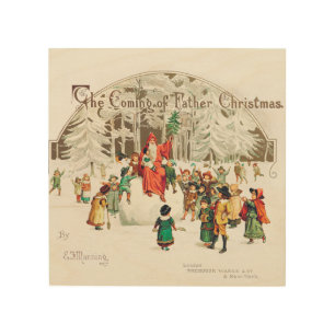 Santa Claus with children illustration Holiday Wood Wall Art