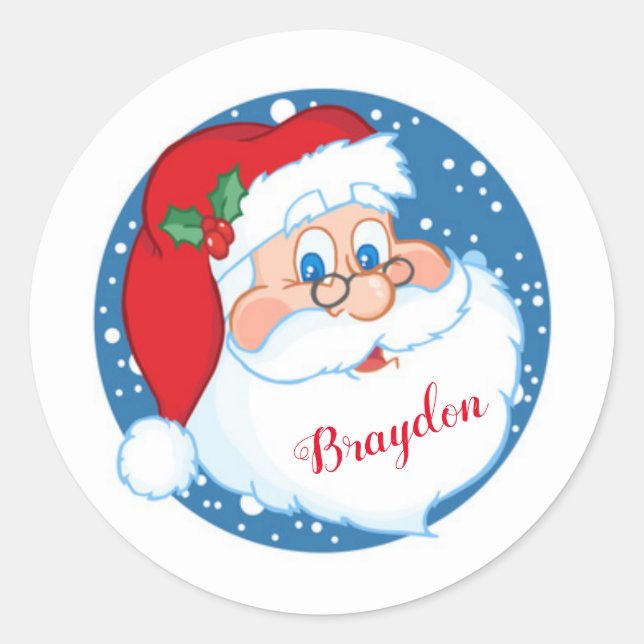 Santa Claus with Childs Name Classic Round Sticker (Front)