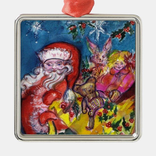 SANTA CLAUS WITH CHRISTMAS GIFTS AND TOYS METAL ORNAMENT (Front)