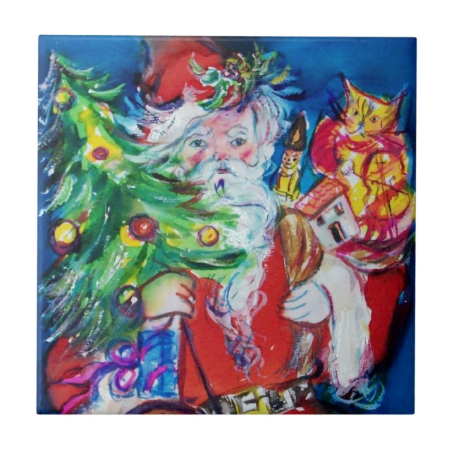SANTA CLAUS WITH CHRISTMAS TREE AND GIFTS CERAMIC TILE (Front)