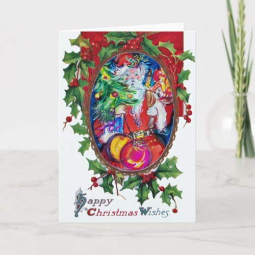 SANTA  CLAUS WITH CHRISTMAS TREE AND GIFTS HOLIDAY CARD
