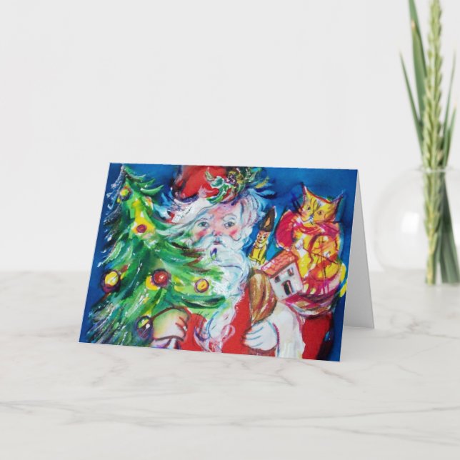 SANTA  CLAUS WITH CHRISTMAS TREE AND GIFTS HOLIDAY CARD (Front)