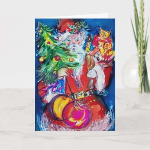 SANTA  CLAUS WITH CHRISTMAS TREE AND GIFTS HOLIDAY CARD