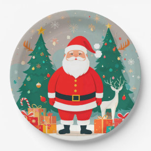 Santa Claus with Christmas Tree and Gifts Paper Plates