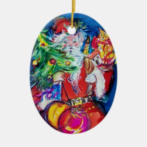 SANTA CLAUS WITH CHRISTMAS TREE AND GIFTS Red Ruby Ceramic Ornament