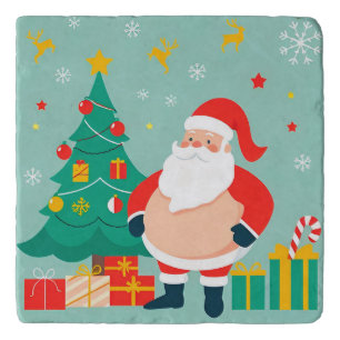 Santa Claus with Christmas Tree and Gifts Trivet