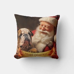 Santa Claus with English Bulldog Throw Pillow