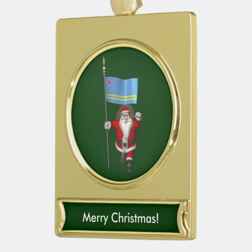 Santa Claus With Ensign Of Aruba Gold Plated Banner Ornament