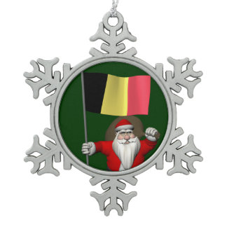 Santa Claus With Ensign Of Belgium Snowflake Pewter Christmas Ornament