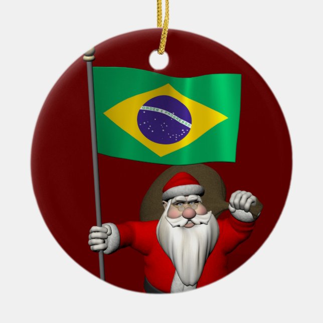 Santa Claus With Ensign Of Brazil Ceramic Ornament (Front)
