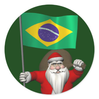 Santa Claus With Ensign Of Brazil Classic Round Sticker