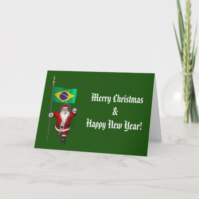 Santa Claus With Ensign Of Brazil Holiday Card (Front)