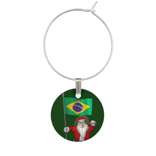Santa Claus With Ensign Of Brazil Wine Glass Charm (Front)