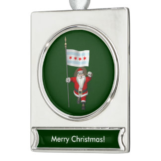 Santa Claus With Ensign Of Chicago Silver Plated Banner Ornament