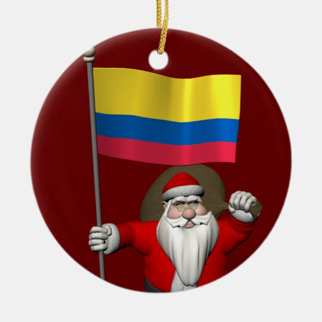 Santa Claus With Ensign Of Colombia Ceramic Ornament (Front)