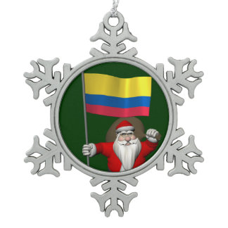 Santa Claus With Ensign Of Colombia Snowflake Pewter Christmas Ornament