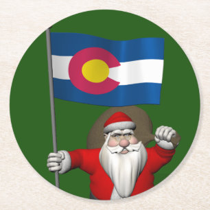 Santa Claus With Ensign Of Colorado Round Paper Coaster