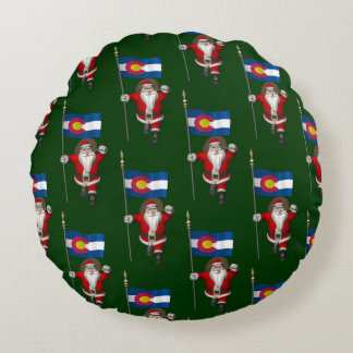 Santa Claus With Ensign Of Colorado Round Pillow