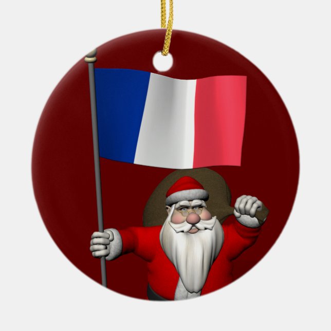 Santa Claus With Ensign Of France Ceramic Ornament (Front)