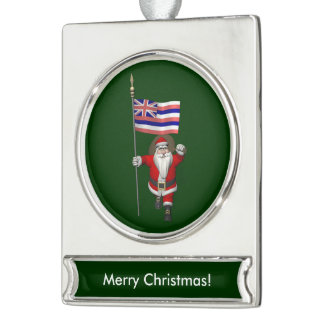 Santa Claus With Ensign Of Hawaii Silver Plated Banner Ornament